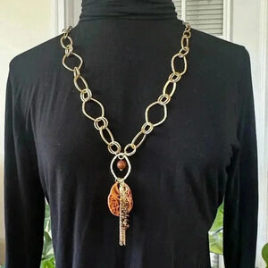 Chico's Gold Tone Long Circle Oval Chain Link Statement Necklace Y Chain